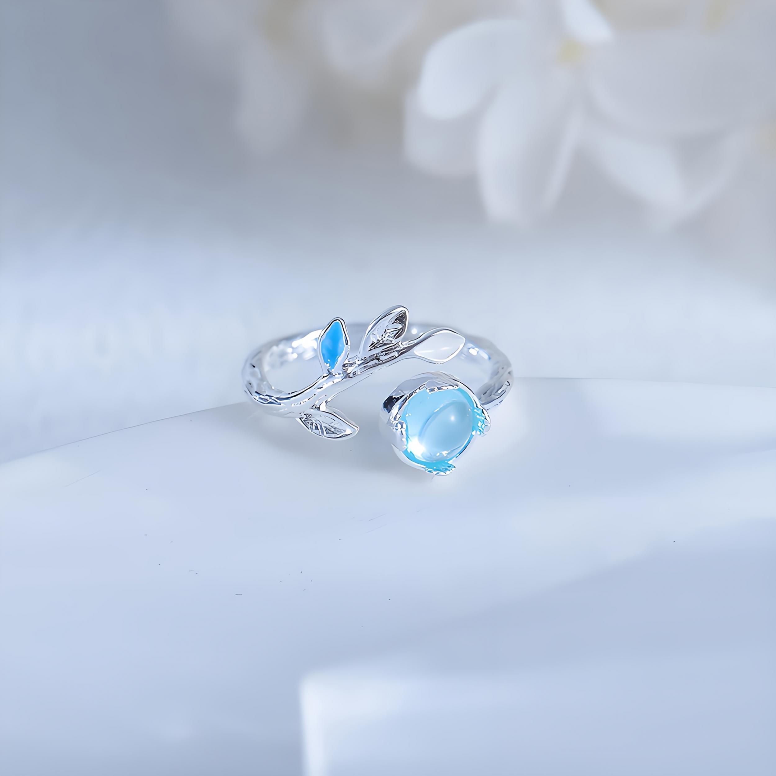 Moonstone Jewelry Set: Necklace, Ring, Bracelet, Leaf Design, 925 Silver Plated